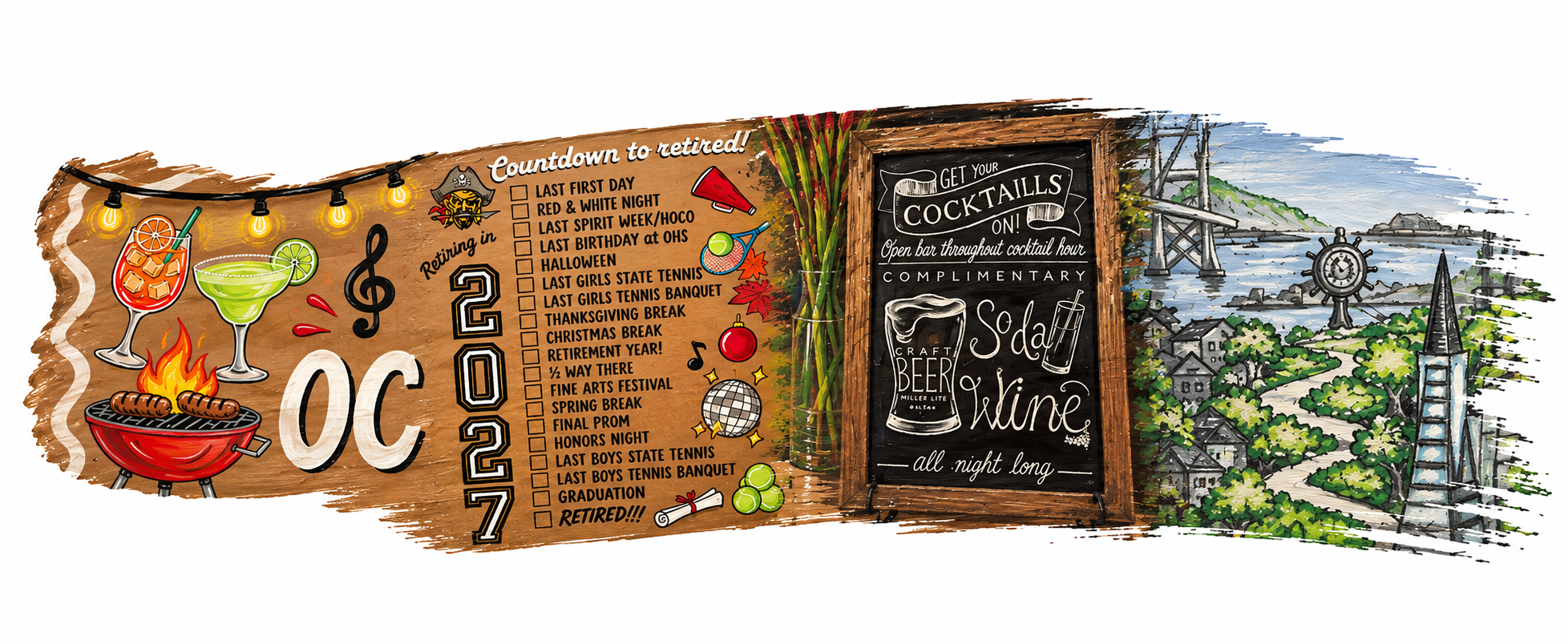 A collage of MinMade artwork, including party illustrations, a retirement checklist, chalkboard lettering, and a custom cityscape invitation